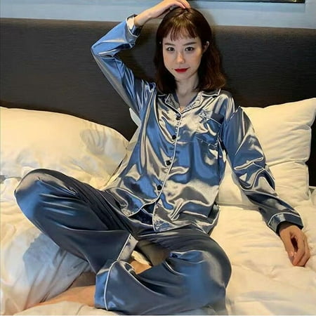 

QWZNDZGR Spring Summer Pajama Sets Satin Sleepwear Couple Long Button-Down Pyjamas Home Clothes Suits Pijama Men Women Loungewear Pjs