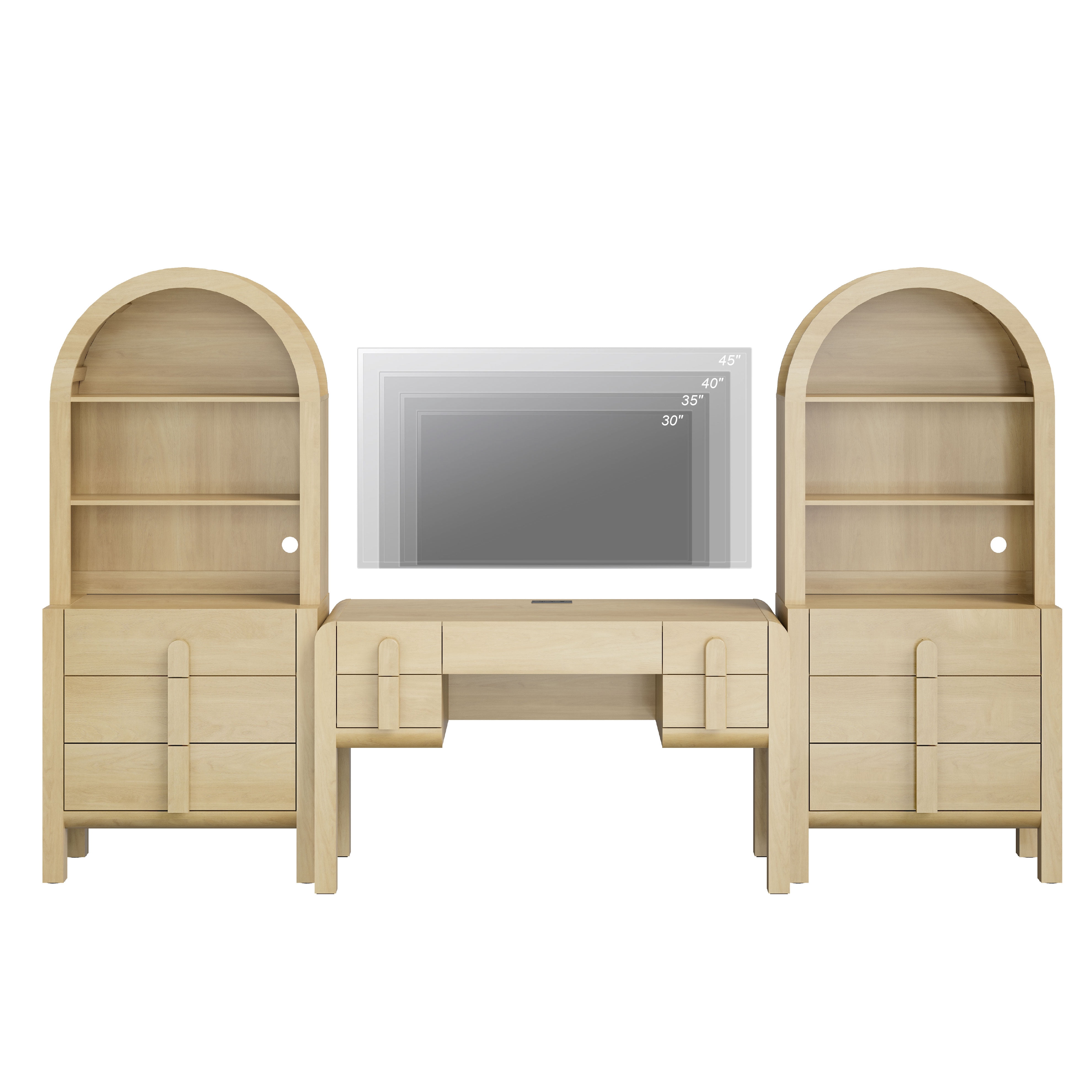 Home Office Set, 53.5" Modern Executive Desk with Charging Station and Drawers & 2 Piece 71"H Tall 3-Tier Arched Bookcases with Open Storage for Living Room, Bedroom, Home Office