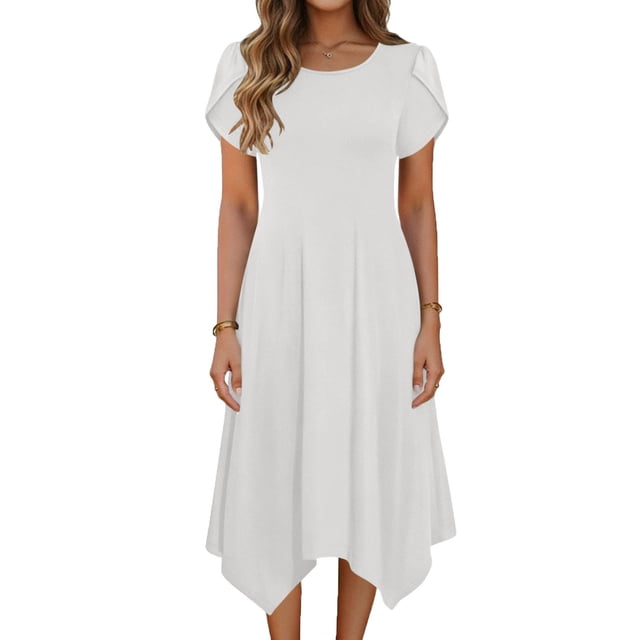 TaTaai Short Sleeve Flutter Sleeve Dress Women's Solid Color Round Neck Midi Dress Casual Irregular Hem Lightweight Stretchy Wear Gift