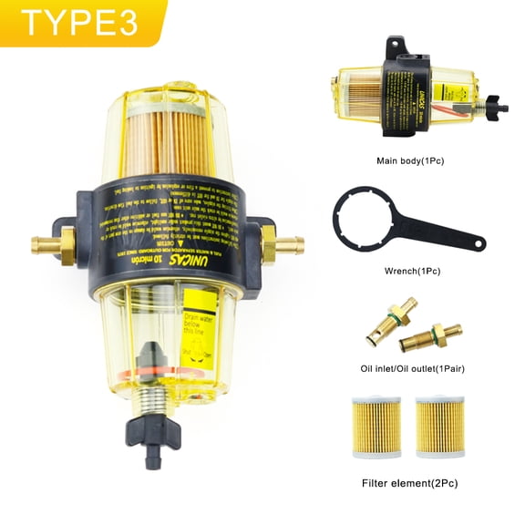 TYPE 3-Fuel Filter and Water Separator Set, With 2 Extra Filter Elements, For Yacht Engines, Diesel Gasoline Boat, Outboard, UF-10K