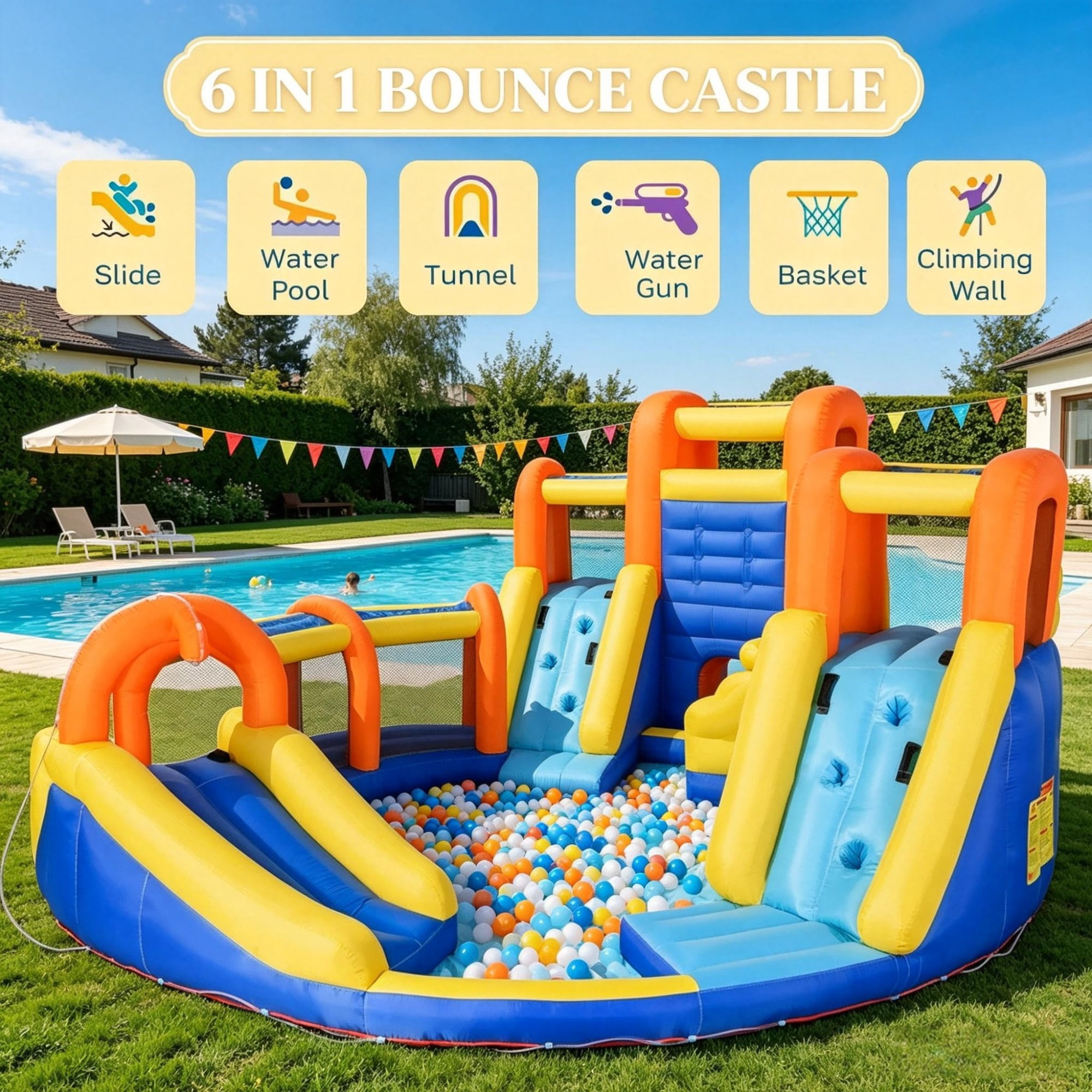 6-in-1 Inflatable Water Slide Bounce House, Kids Jumping Castle with Slide, Basket, Pool, Climbing Wall & Tunnel for Backyard Summer Water Party