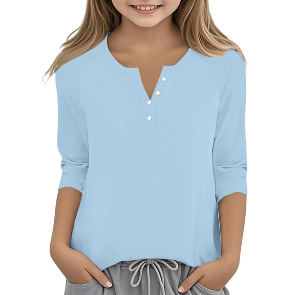 YunPes Girls 3/4 Sleeve Short Sleeve Shirts V Neck Girls Tee Teen Kids Casual Flowy Half Button Loose Blouse Summer Tops 3‐13 Years
