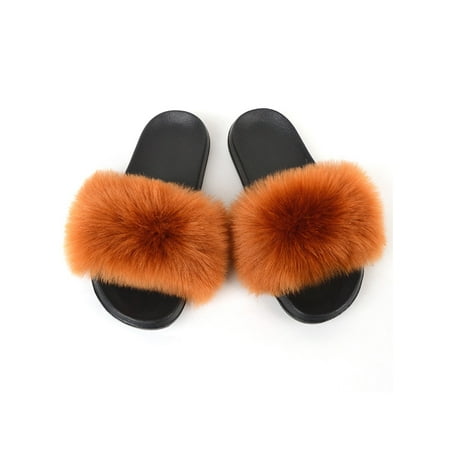 

Zodanni Women Fuzzy Slippers Color Block Fluffy Slides Furry Slipper Breathable Shoe Outdoor Lightweight Faux Home Shoes Light Brown 9.5-10