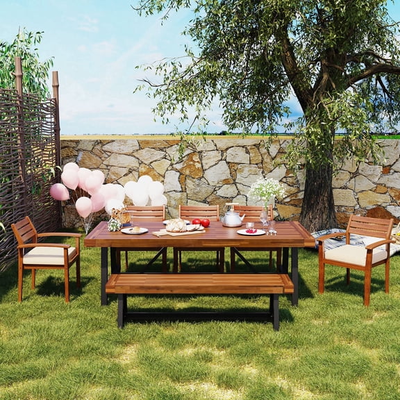 7 Pieces Outdoor Acacia Wood Dining Set, Patio Table and Chairs Set with Bench for 7-8 People, Outdoor Dining Furniture Set with Removable Cushions for Garden, Backyard and Poolside