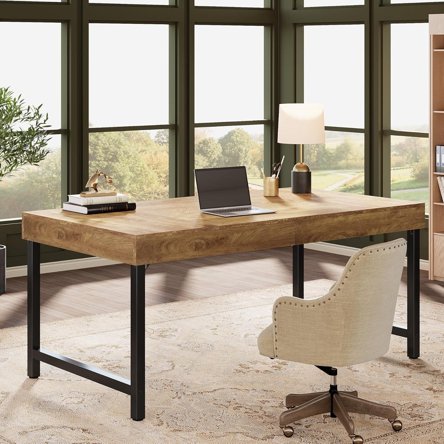 Finmind 55" Industrial Executive Desk for Home Office, Rustic Simple Computer Laptop Desk with Strong Metal Legs, Study Writing Table Business Workstation, Small Conference Table