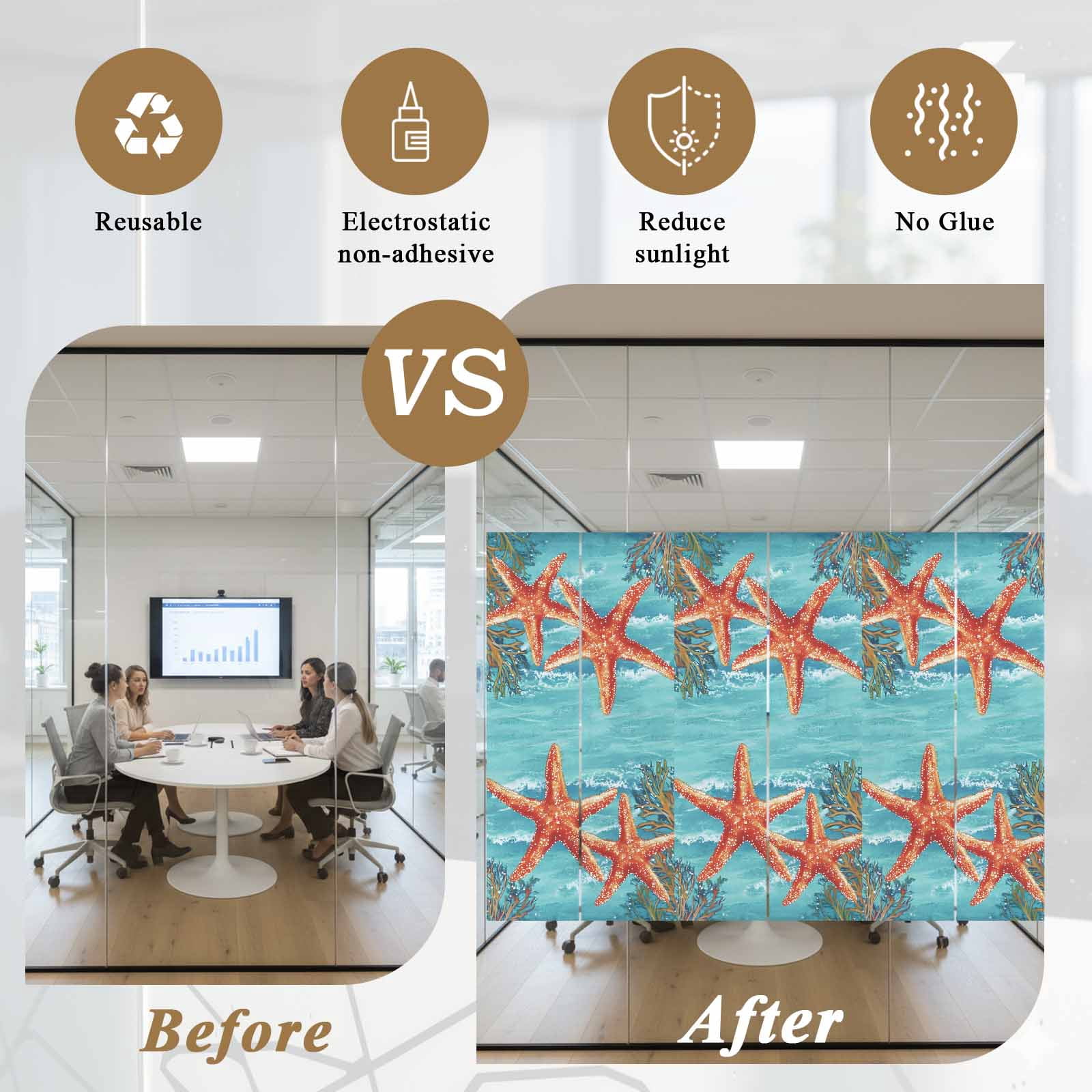 Orange Starfish Window Privacy Film, Seaweed Retro Frosted Glass Window Clings Static Cling UV Heat Blocking Reusable Door Sticker for Bathroom 23.6 x 59 Inch