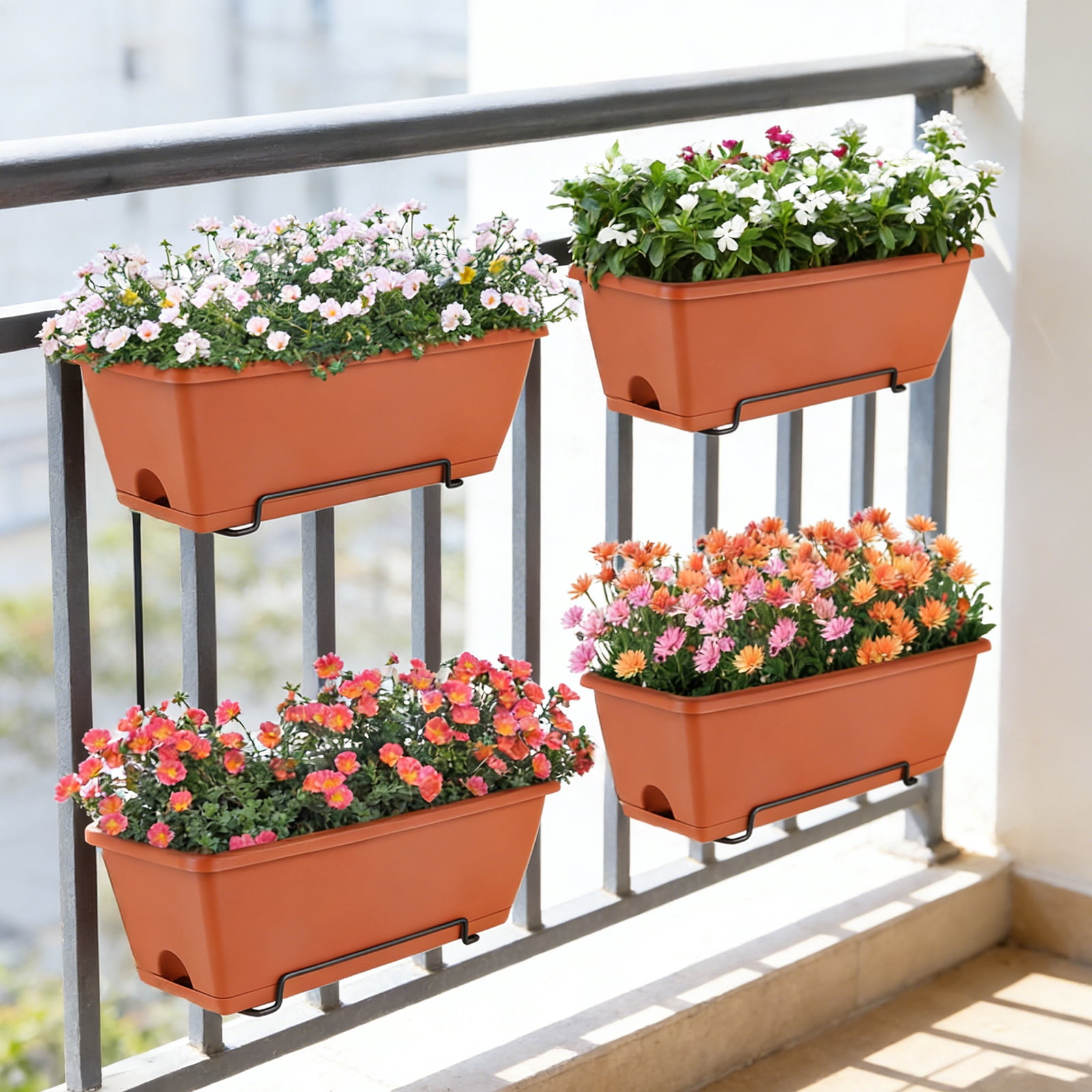 Railing Planter Boxes, Deck Rail Planter for Outdoor Plants, Hanging Railing Window Boxes Planter with Drainage Tray, Window Flower Pots with Brackets, for Over Rail Porch Fence, Balcony & Home Decor