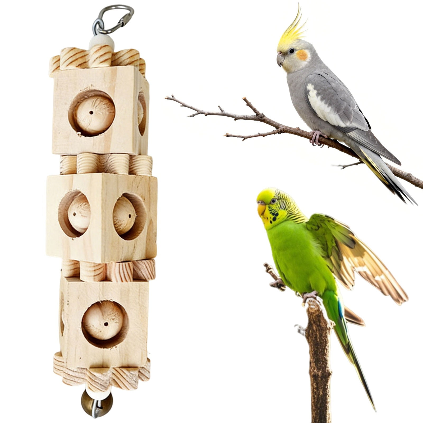 ZMKIAG Hanging Rotating Wood Block Bird Chew Toy with Bell - Parrot Foraging Enrichment Activity for Grinding Beaks, Birds like Cockatiel & Caique, Durable Cage Accessory