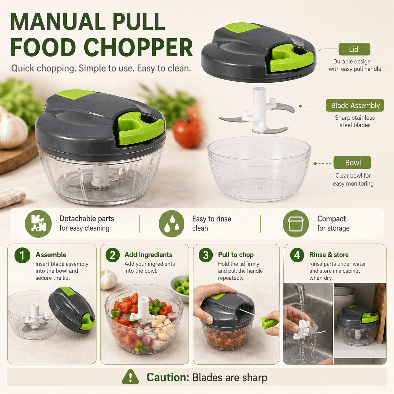 Manual Food Processor Vegetable Chopper, 500ml Hand Pull Garlic Mincer Onion Cutter for Vegetables, Fruits, Nuts, Herbs, Ginger, Gray Green