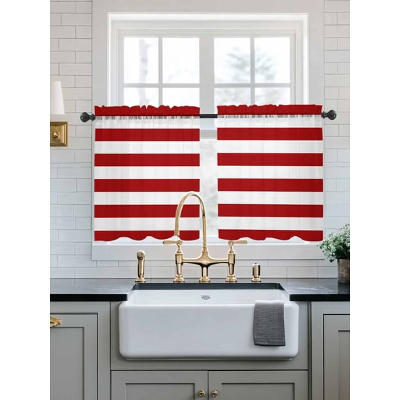 Red Stripes Sheer Kitchen Tier Curtains 24 Inch length, Rod Pocket Half Curtains Short Drapes, Simple Red White Texture Light Filtering Chiffon Small Window Treatments 2 Panels 27.5"W x 24"L