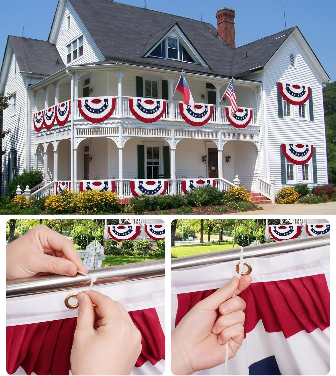 1.5x3 Ft American Flag Bunting Flags Outdoor, 6 Pack Patriotic Bunting Outdoor Red White and Blue Bunting, USA Pleated Fan Flag Half Fan Banner for Outside Home 4th of July Decorations
