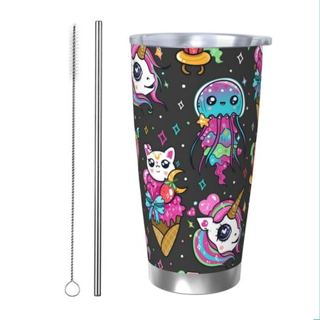 

Zeuib Cat Icecream Printed 20oz Stainless Steel Insulated Car Cup Stainless Steel Thermal Cup Vacuum Insulated Leak-proof Travel Mug Cup-Straw Two-piece Set