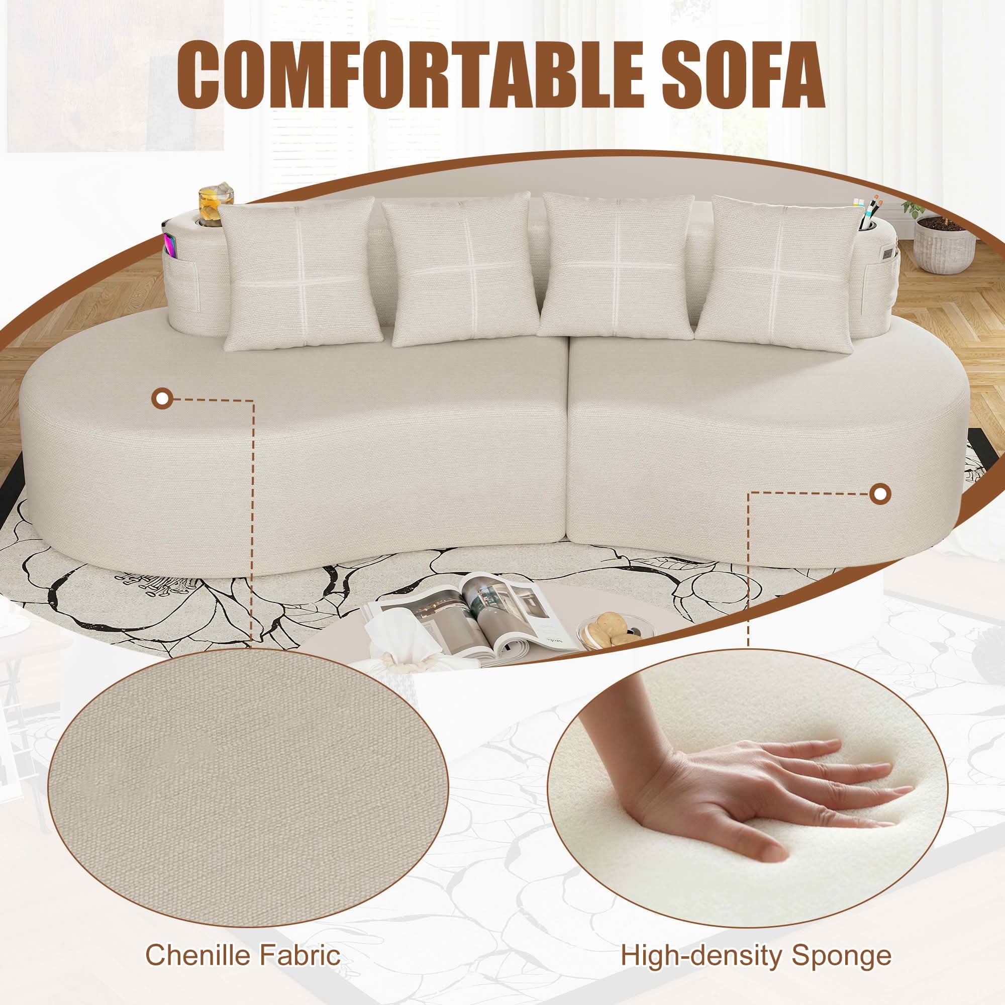 MAYEERTY Curved 3-Seat Modular Sectional Sofa, Minimalist Half Moon Chenille Couch for Living Room & Apartment