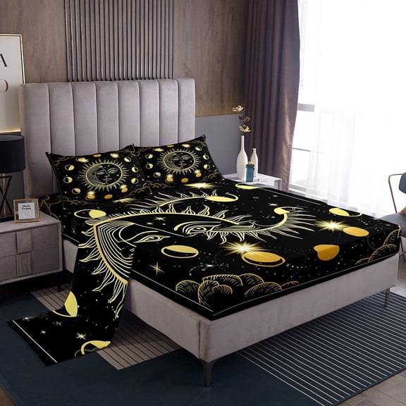 Sun and Moon Sheet Set King Galaxy Stars Western Occultism Sheets Boho Moon Black Bed Sheets Set, Psychedelic Decorative Top Fitted Sheet, Black Gold