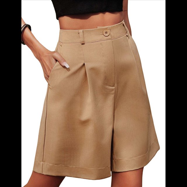 Pantalones Cortos de Verano para Mujer, con Cintura Elástica, Pierna y Hasta la Rodilla, con Bolsillos, Color Camello, Talla S
