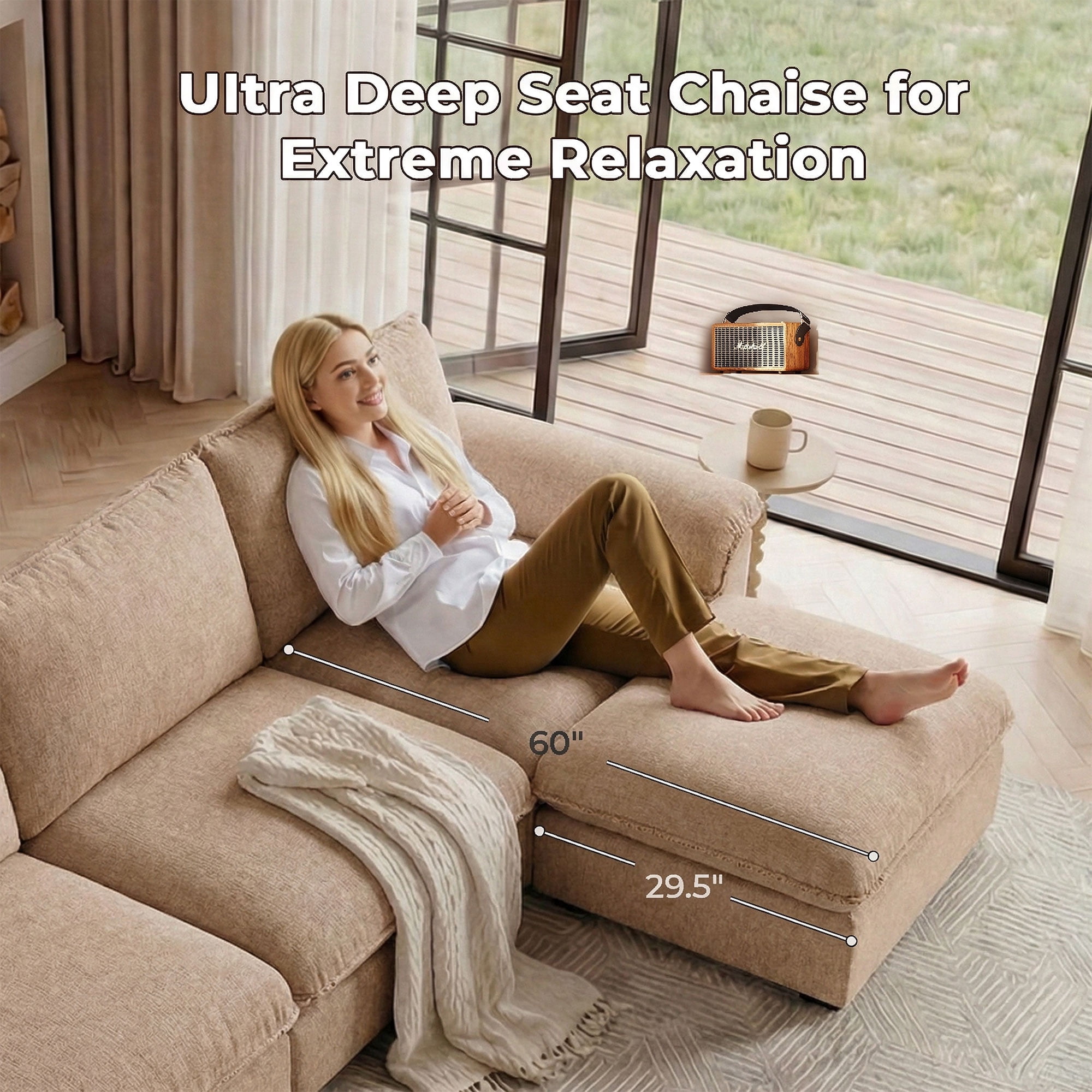 Carzzi-Life 102" Sofa Couch for Living Room, Modern Comfy Sofa with Extra Depth Seat and Ottoman, 3 Seater Chenille Couches for Living Room Apartment, Coffee