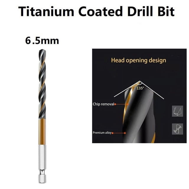 1 Pcs HSS High Speed Steel Titanium Coated Drill Bit Set 1/4 Hex Shank 6.5mm