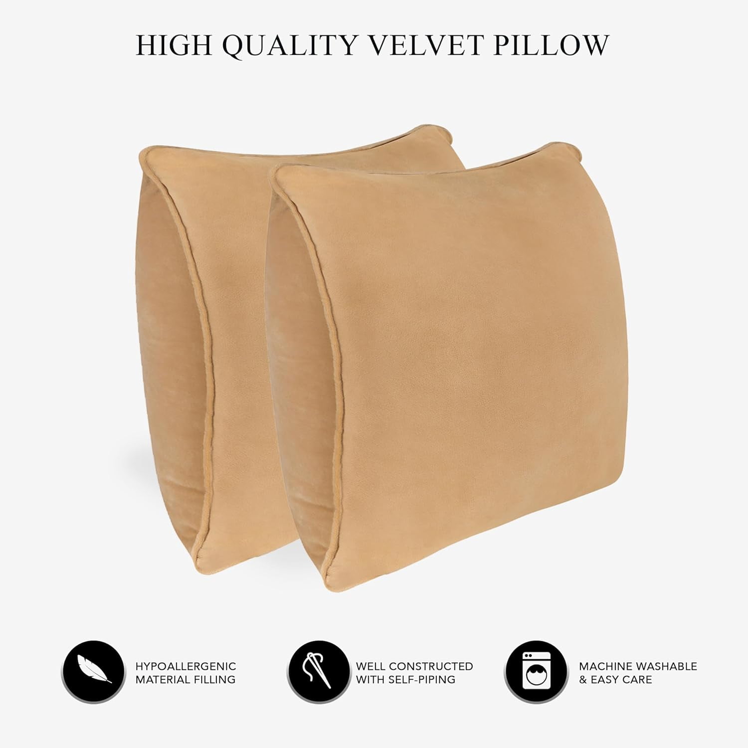 A1HC Hypoallergenic Down Alternative Pillow Inserts, 20x20 in, Square, Pack of 2, Mocha
