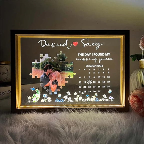 Clearance Desktop Ornament under $10,Personalized The Day My Missing Piece Light Frame Custom Photo Frame With Night Light Acrylic Plaque Photo Frame For Couple Valentine Anniversary (Frame)