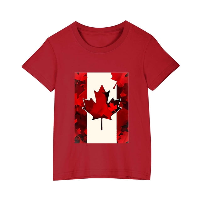 uublik T-shirt Feuille d'Érable Canadienne pour Enfants, Manches Courtes, Hauts d'Été pour Enfants, T-Shirts à Col Rond, T-Shirts Mode 3-10 Ans, Rouge