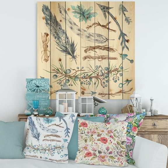 Designart 'Tribal Forest Elements' Bohemian & Eclectic Print on Natural Pine Wood