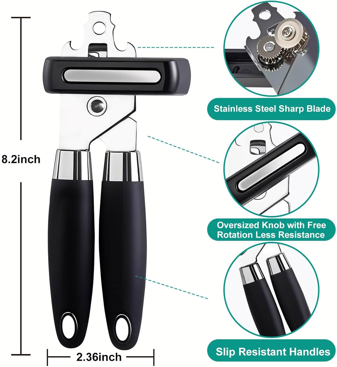 FRKSMD-Multifunctional Stainless Steel Manual Can Opener and Bottle Opener, Heavy Duty Hand Held Can Opener with Easy Turn Knob, Sharp Blade Smooth Edge, Good Grips Kitchen Tool for Seniors, Black