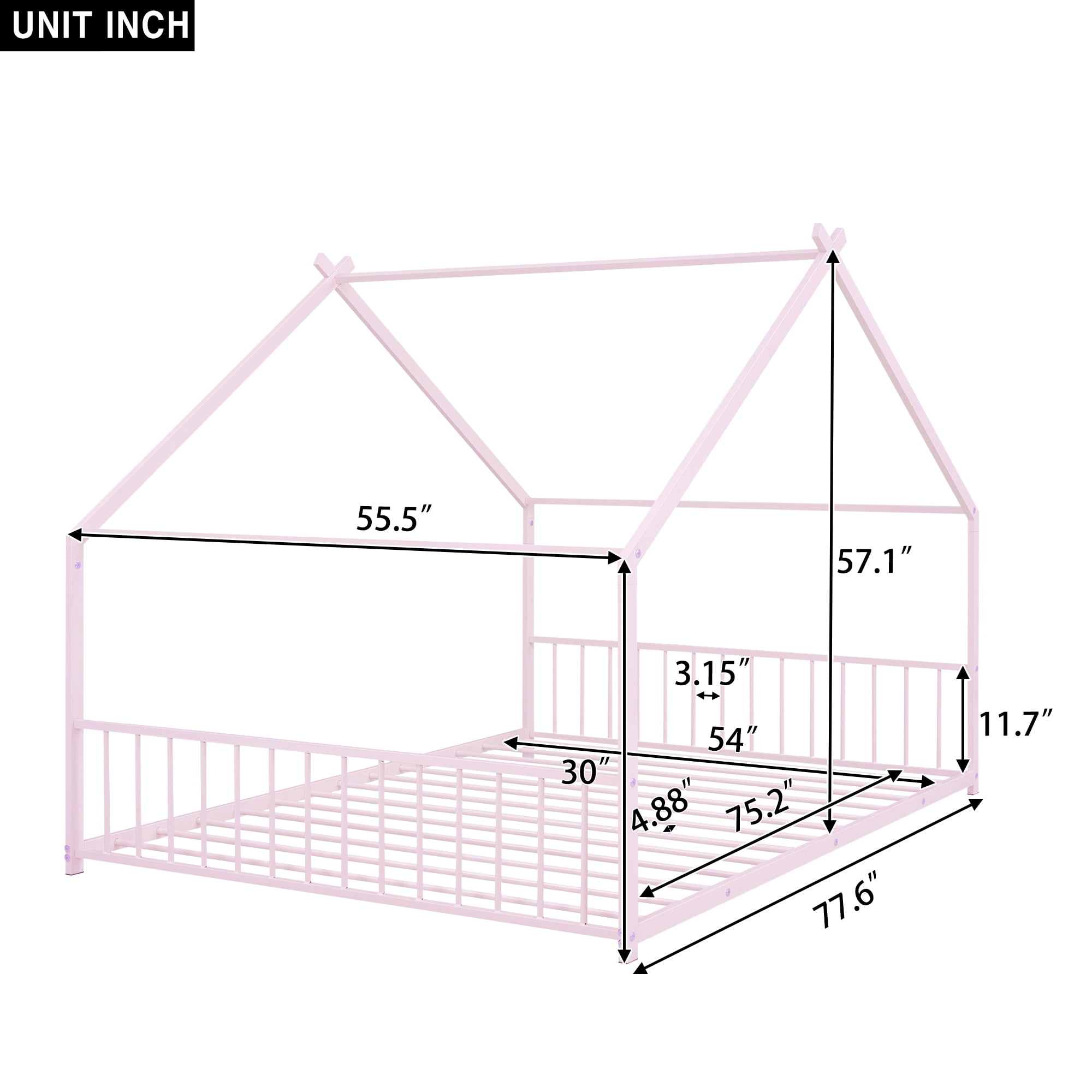 Aukfa Full Size Metal House Bed, Montessori Floor Bed for Kids Toddler, Pink