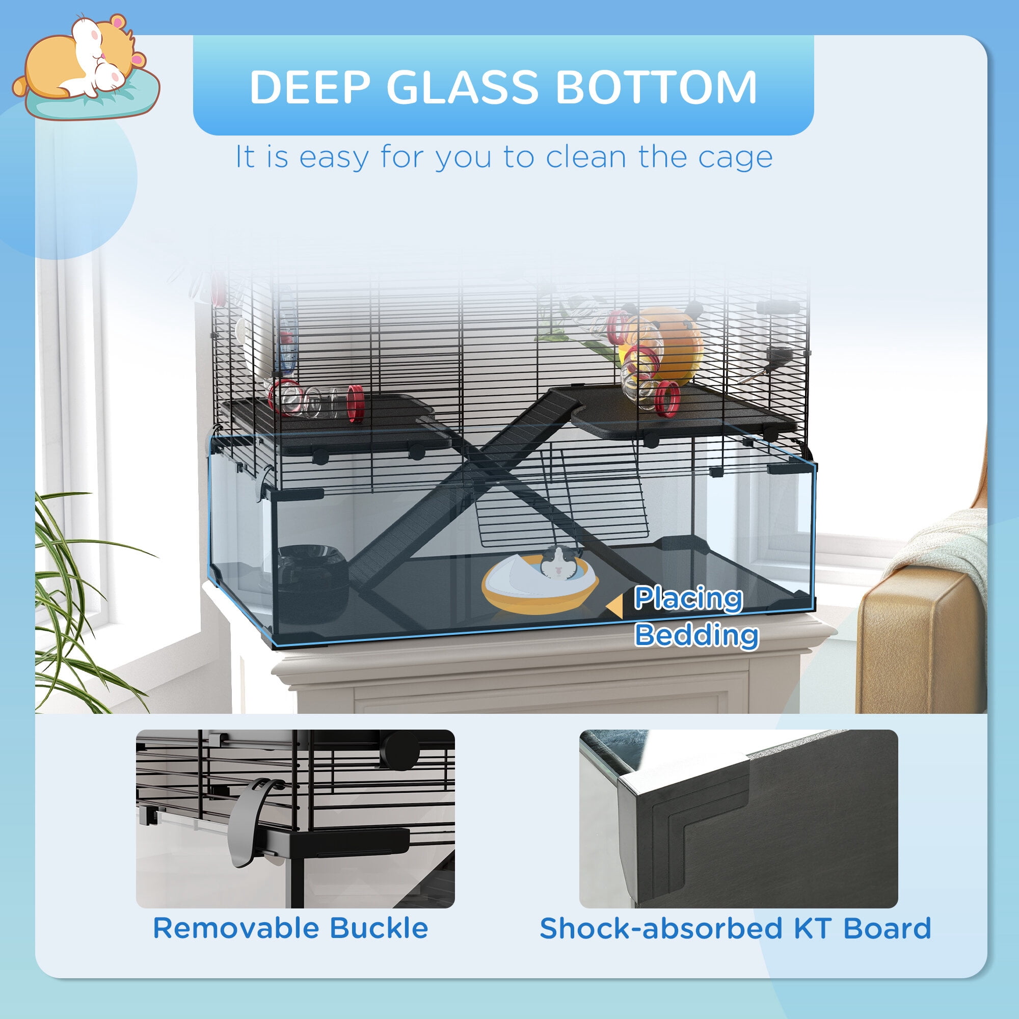 Dog Crate, PawHut 31" Extra Large Hamster Cage with Tube Tunnel, Small Animal Cage for Dwarf Hamster, Rat, Gerbil Cage with Deep Glass Bottom, Water Bottle, Food Dish, Exercise Wheel, Ramps