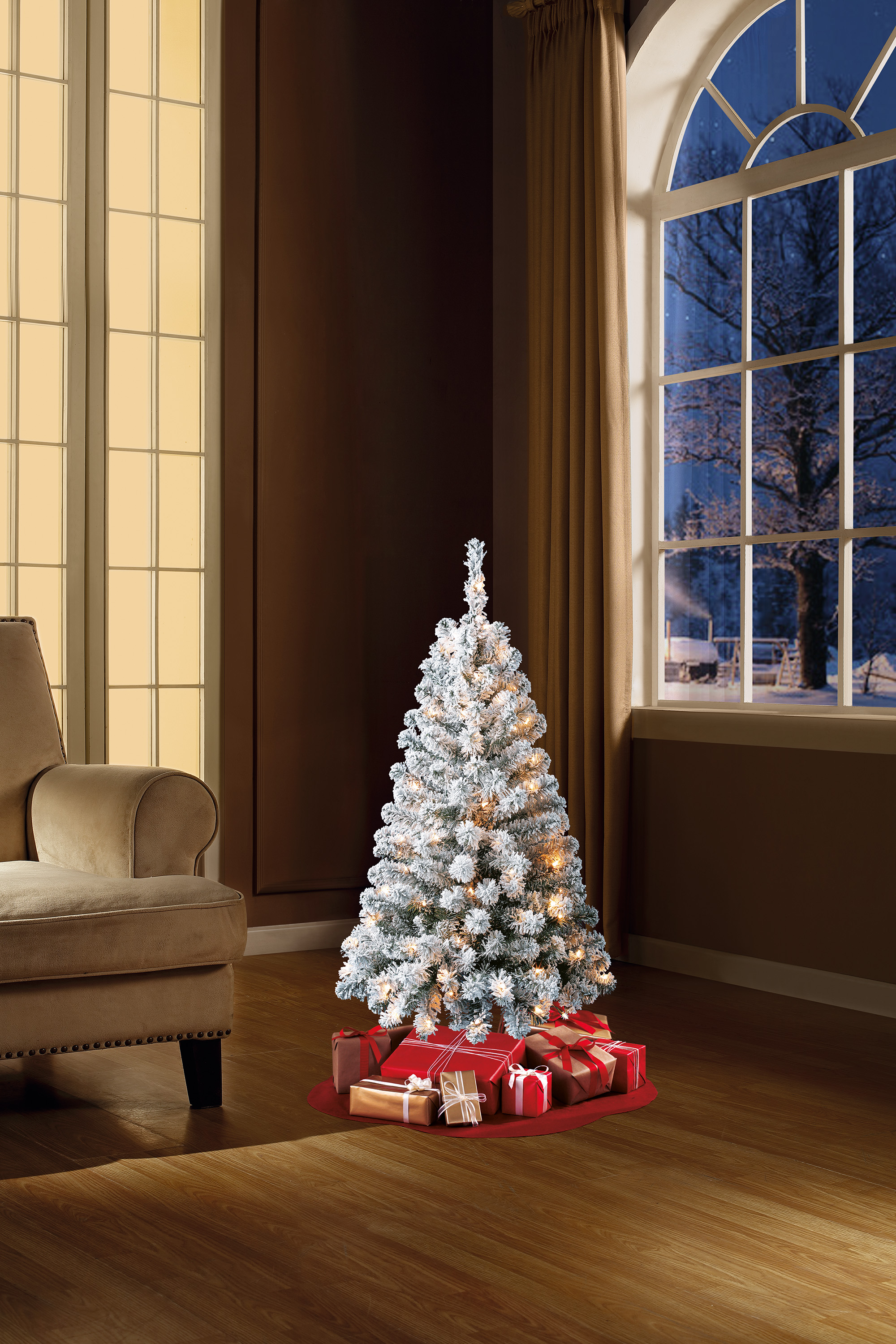 Holiday Time Prelit 105 Clear Incandescent Lights, Greenfield Flocked Pine Artificial Christmas Tree, 4' - image 4 of 7