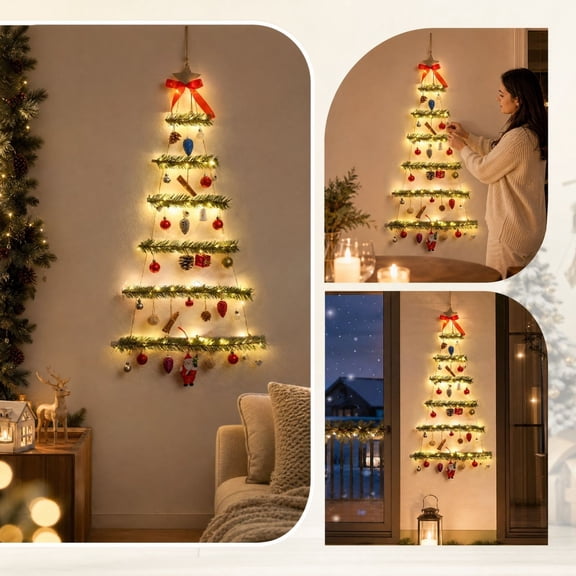 Yaayu 1Pc Wall Hanging Christmas Tree, 3.7 Ft 6-Tier Wooden Ladder Tree with LED Lights and Star Topper, Christmas Decoration Supplies for Door Wall Home Party