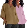 thumbnail image 2 of BVOFAR Cotton Linen 3/4 Sleeve Shirts for Women Solid Color Notch V Neck Tops Summer Plus Size T-Shirts Casual Loose Fit Tees 2 Pcs, 2 of 7