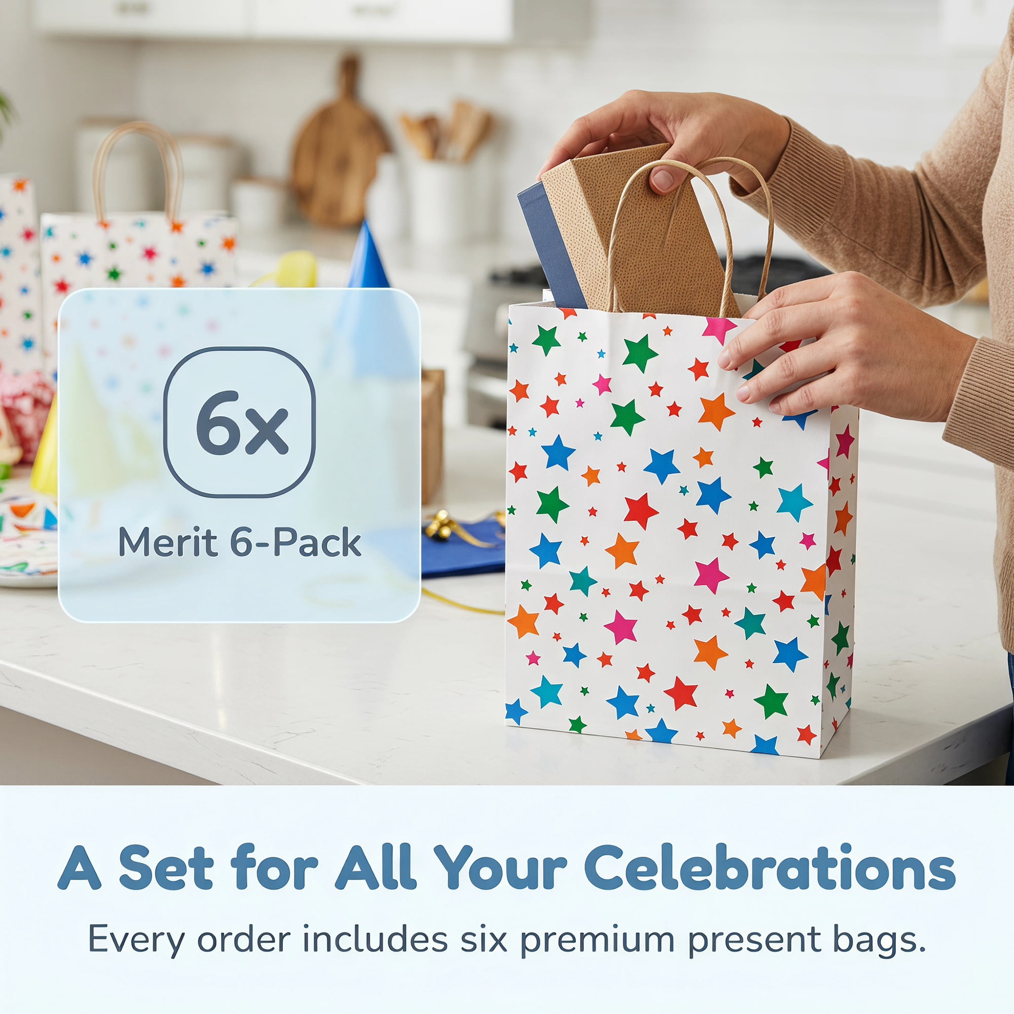 Unique Bargains 6Pcs Creamy Aesthetic Gift Bags with Handles Star 5.9" x 3.1" x 8.3"