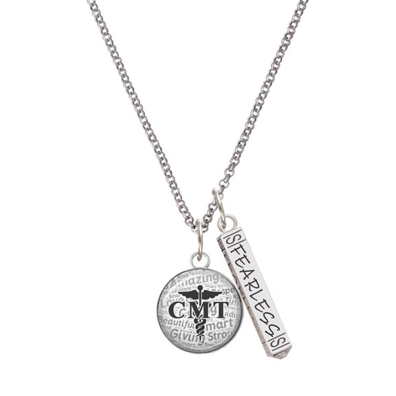 Delight Jewelry Silvertone Domed Black CMT Silvertone Fearless Bar Charm Necklace, 23"