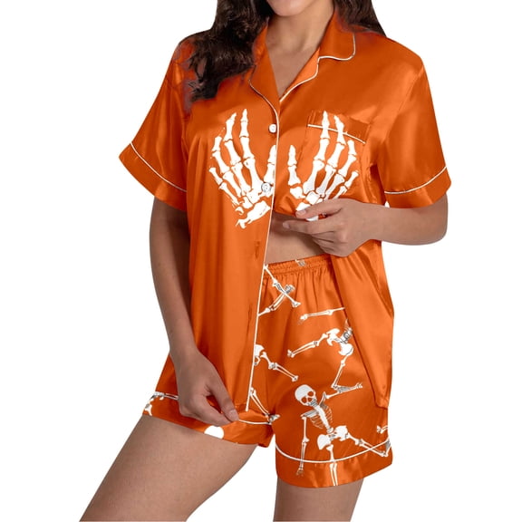 Muxikeji Clothes Halloween Pajamas,Women'S Halloween Abstract Print Silk Satin Short Sleeve Button Pajama Set