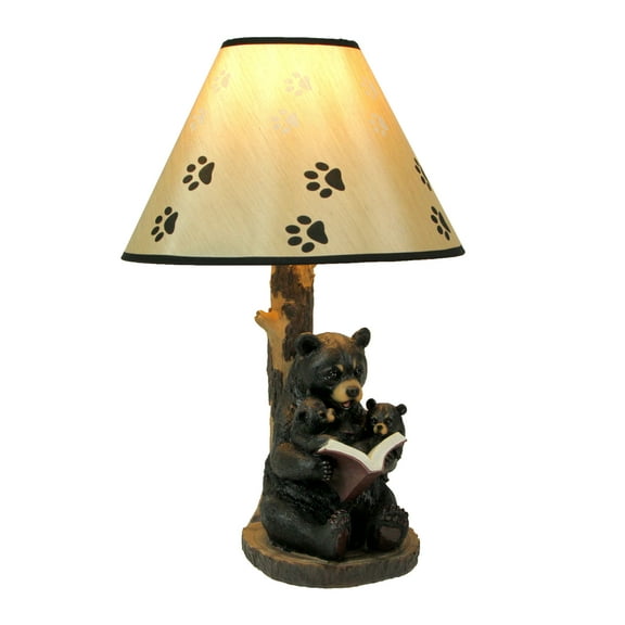 Zeckos Black Bear Reading to Curious Cubs Table Lamp w/Paw Print Shade