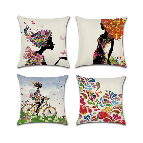 Girl Silhouette with Flowers and Butterflies, Bicycle Pattern Cotton Linen Fabric, Decorative Indoor / Outdoor Throw Pillow Cover Set 18x18