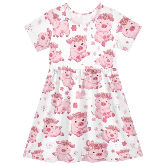 Pink Pig Short Sleeve Dress A-Line Cute Midi Casual Sundress 2-8 Years