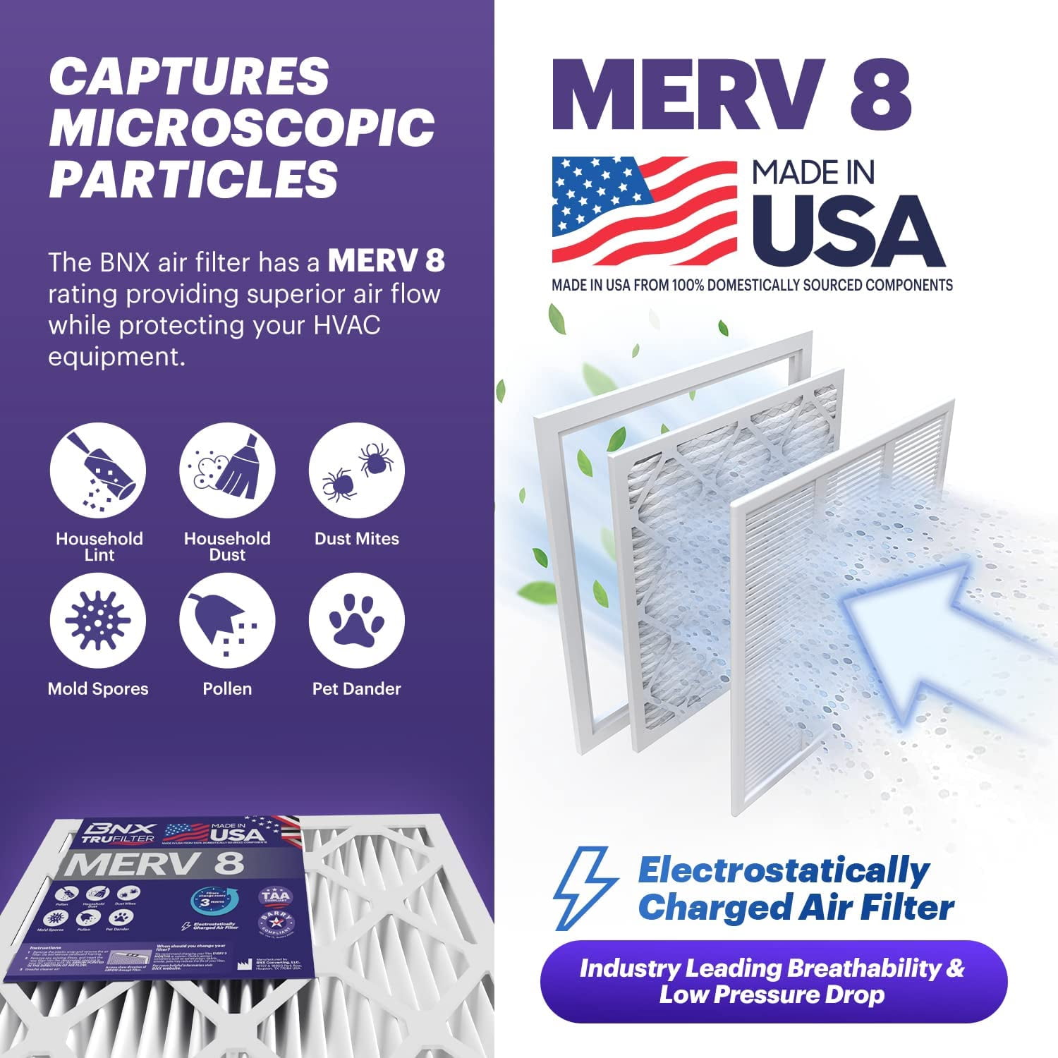 BNX TruFilter 20x20x1 Air Filter MERV 8 (6-Pack) - MADE IN USA – Dust & Pet Defense Electrostatic Pleated Air Conditioner HVAC AC Furnace Filters for Dust, Pet, Mold, Pollen MPR 600 – 700 & FPR 5
