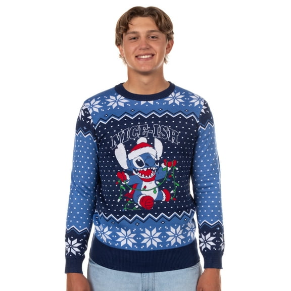 Disney Stitch Men's Nice-Ish Holiday Lights Pullover Ugly Christmas Crewneck Sweater