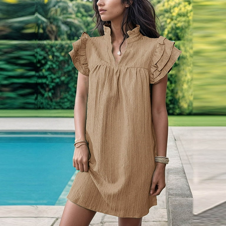 ZZwxWA Womens Summer Shift Dresses 2025 V Neck Ruffle Cap Short Sleeve Mini  Dress Casual Flowy Pleated A Line Sundress - Walmart.com