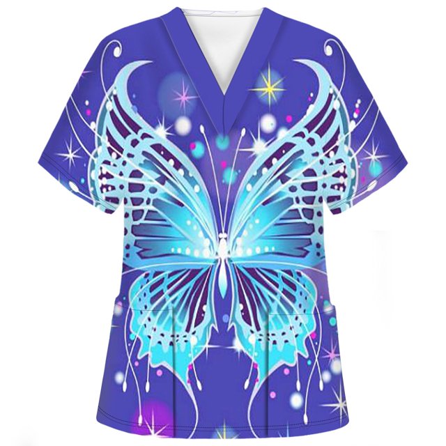 Snoarin Summer Plus Size Womens Summer Tops Mode Femme Manches Courtes Col en V Tops Uniforme de Travail Imprimé Poche Blouse Tops Uniformes de Travail pour Femmes en Liquidation