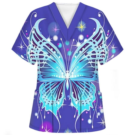 

Olyvenn Women s Trendy Tunic Scrub Tops with Pockets Deals 2023 Fashion Summer Short Sleeve Tees Floral Butterfly Graphic Tops V Neck Flowy Casual Shirts Nurse s Working Uniform Blouse Sky Blue 4