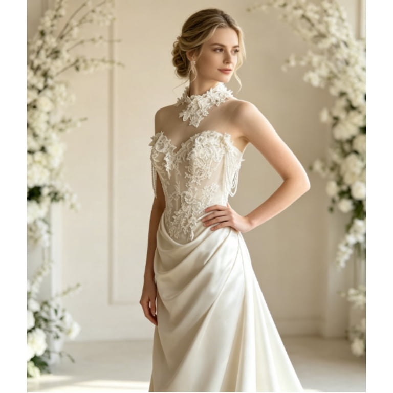 french satin wedding dress Satin dress new bride French one-shoulder palace style- Ocean