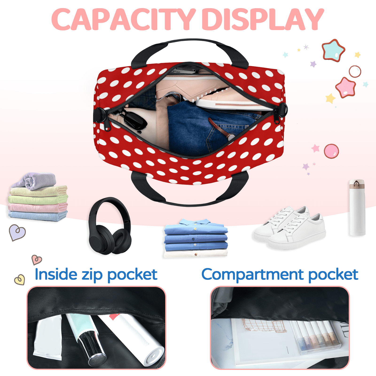 Herdesigns Red Polka Dot Travel Duffle Bag Sports Yoga Weekender Overnight Carry on Workout Bags Lightweight Waterproof Gym Tote Bag for Women