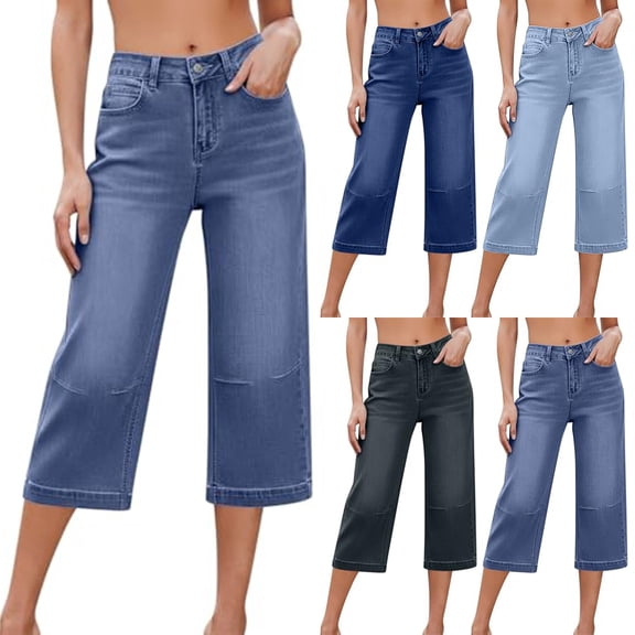 Women's High Waisted Stretchy Wide Leg Cropped Jeans with Pockets Summer