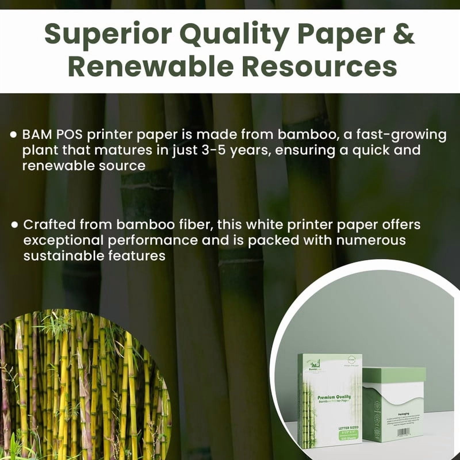 BAM POS Bamboo Printer Paper - 8 1/2” x 11”- 20LB Multipurpose White Paper - Made from Bamboo Fiber - 3 reams (1500 Sheets)