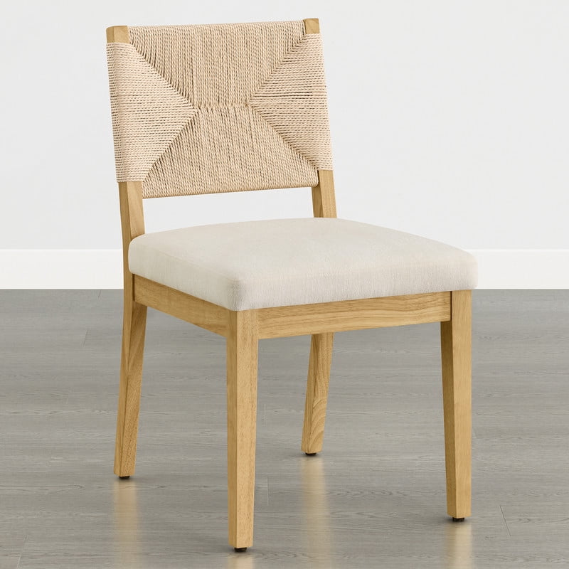 Spruce & Spring Boho Upholstered Dining Chairs Set of 2 with Handwoven Paper Rope Back for Dining Room or Kitchen, Cream Fabric, Natural