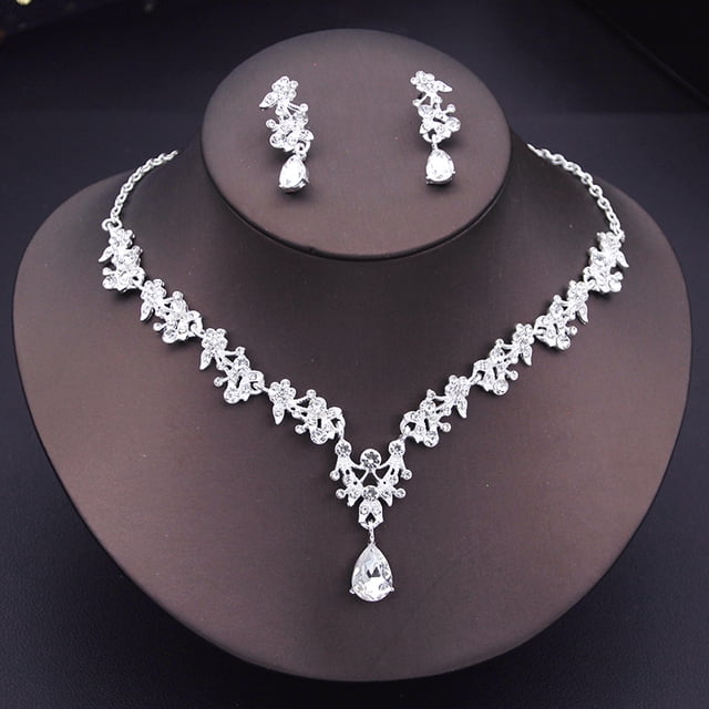 Ensemble de Bijoux de Mode Design Floral de Luxe pour Femmes Colliers Boucles d'Oreilles Ensembles Accessoires de Robe de Mariée Argent Blanc