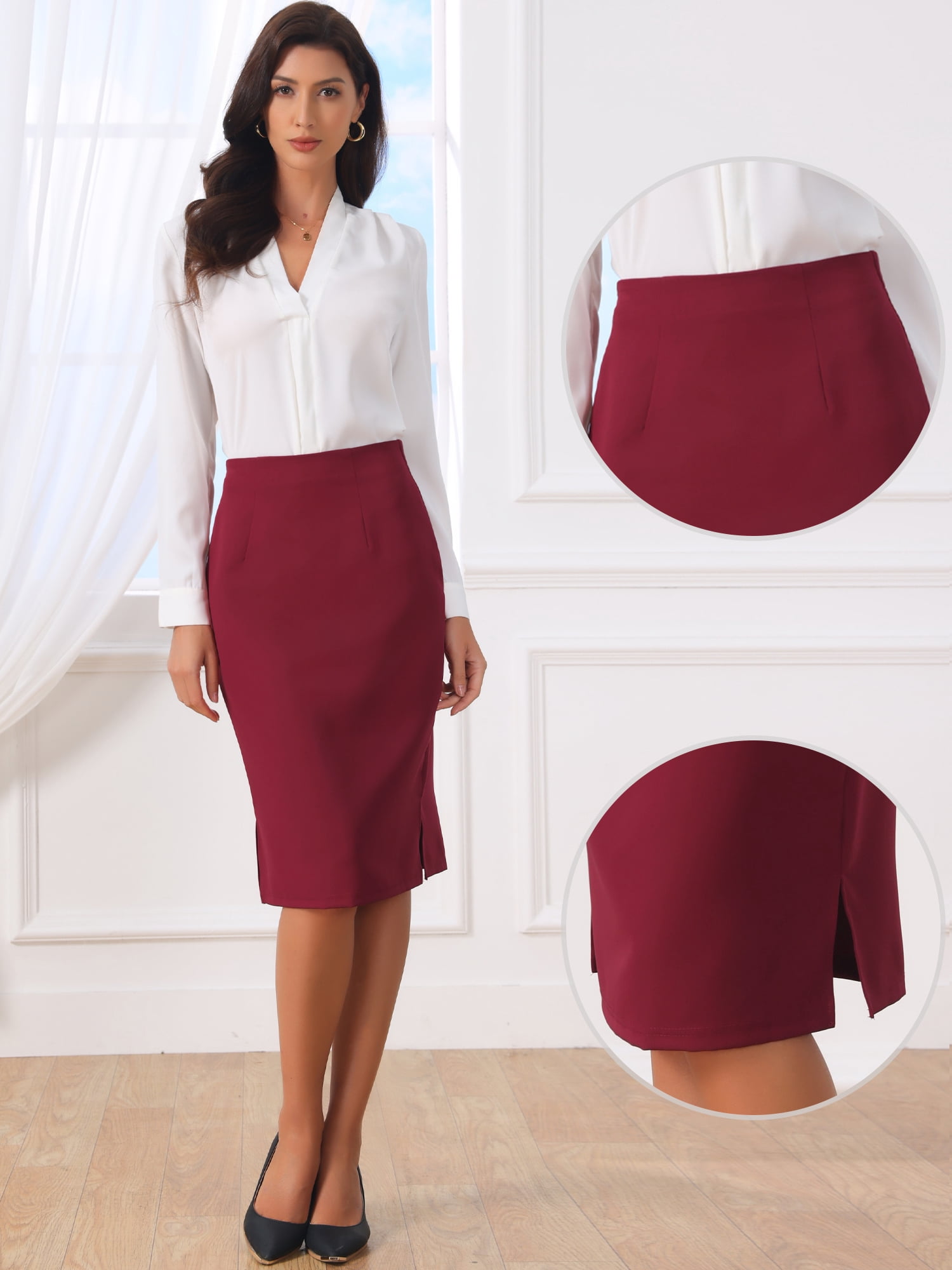DARING DIVA Women's Knee Length High Waist Bodycon Suit Skirt Large Burgundy