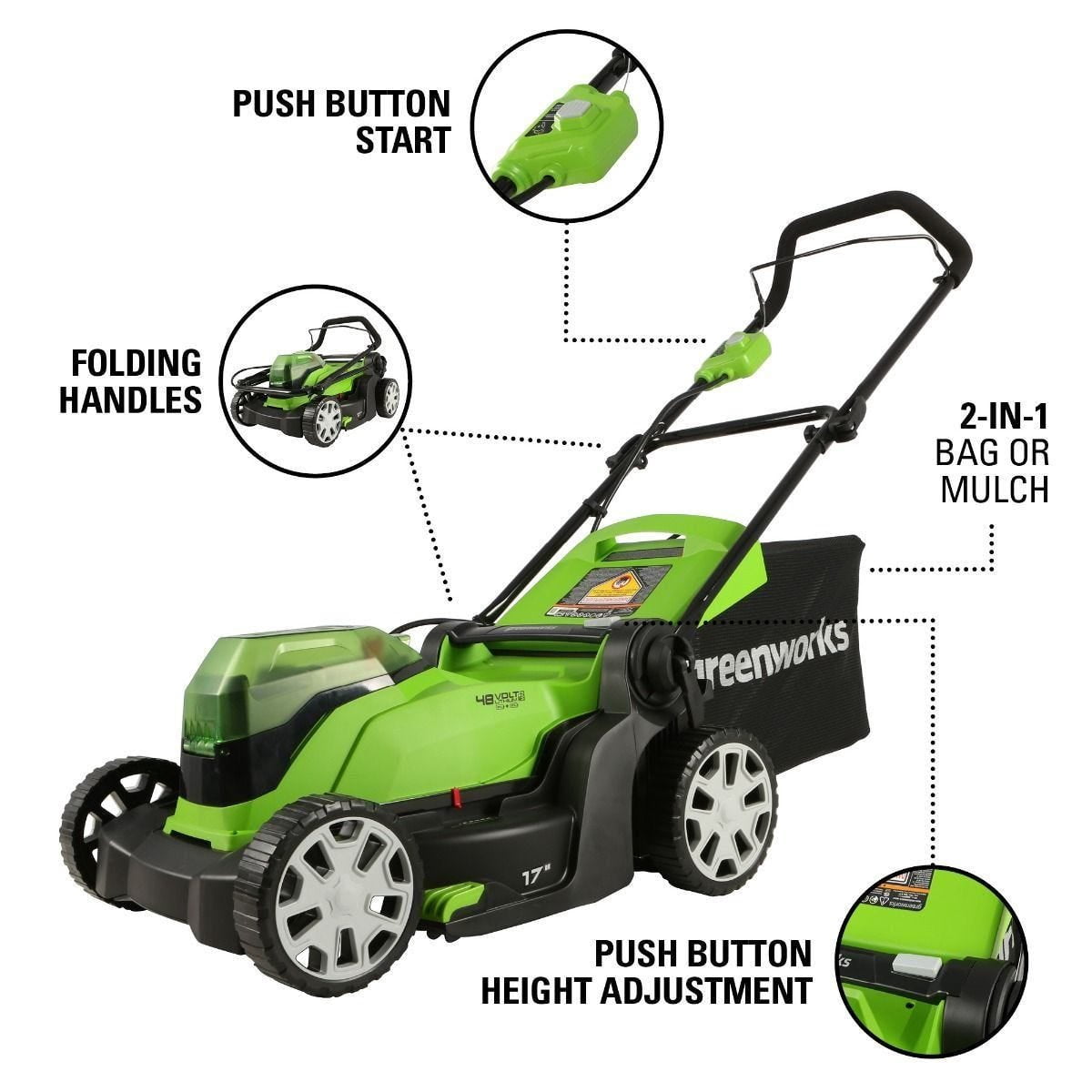 Greenworks 48V (2x24V) 17-inch Lawn Mower/Axial Blower Kit, (2) 4Ah USB Batteries and Dual Port Charger, 1310602AZ